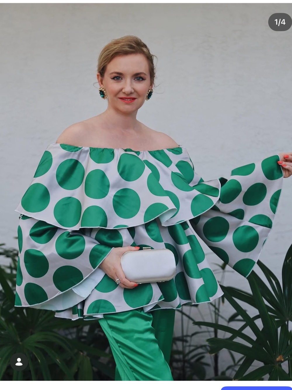 StyleWe Satin Polka Dot Ruffle Blouse Statement Sleeves Green White Size S NWT